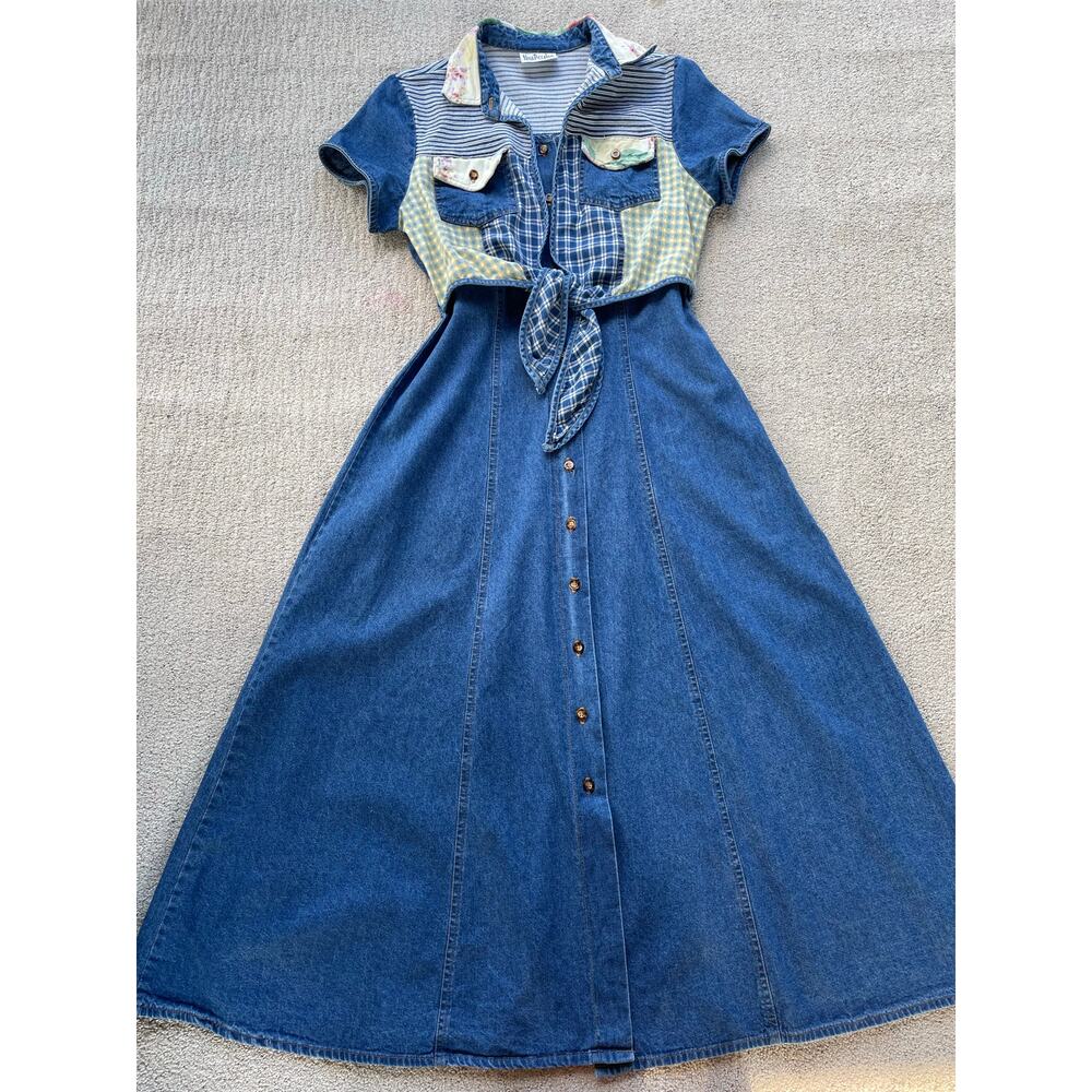 š„VTG Nina Piccalino Denim Dress Fit & Flare Button Down Patchwork Boho Cottage - Picture 9 of 14